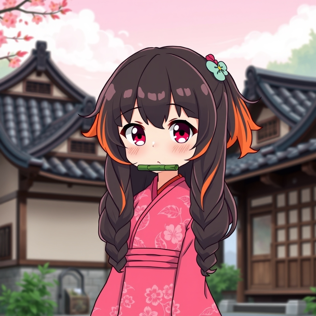یک دختر ۷ ساله ی شیطان 
دختر با چشمان صورتی و قرمز دارد و موهایی حالت دار و بلند بللللللنننننننننننننندددد سیاه  ته موهایش نارنجی است روی دهانش تکه ای چوب بامبو گذاشته طوری که لب هایش دیده نشود لباس صورتی ژاپنی با طرح رگه های گل برگ پوشیده پشت سر او خانه های قدیمی ژاپنی دیده می‌شود 
عکس سرتاپا20