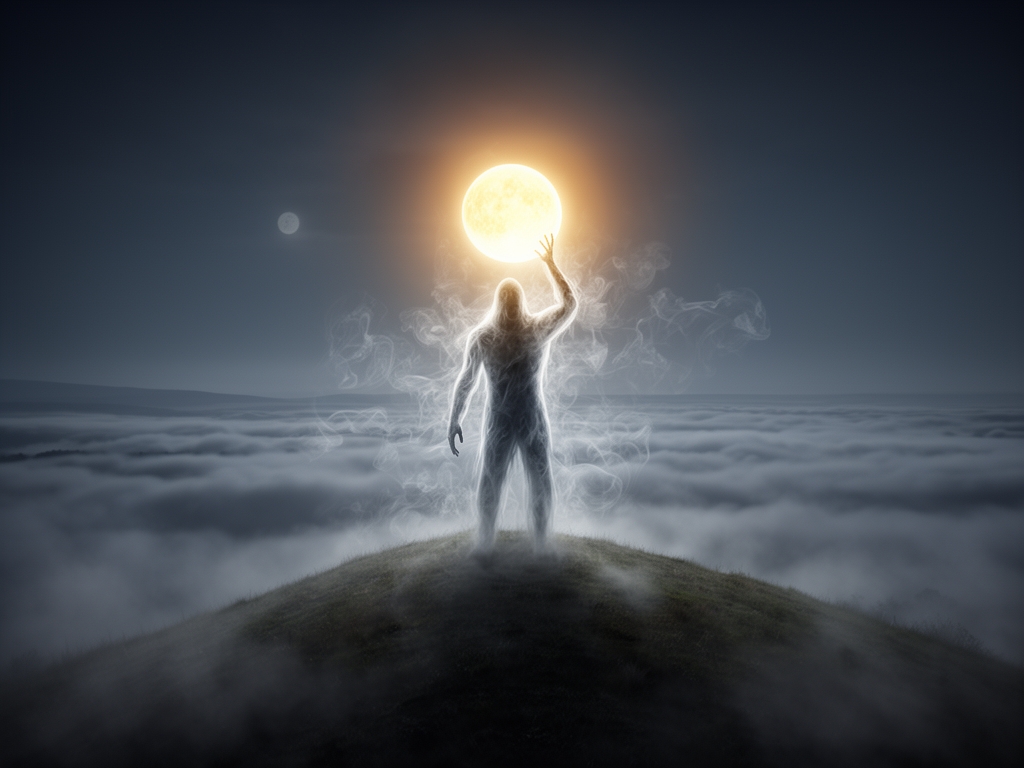 یک شبح مرموز از فردی که یک کره درخشان در دست دارد، ایستاده روی تپه‌ای مه‌آلود.5