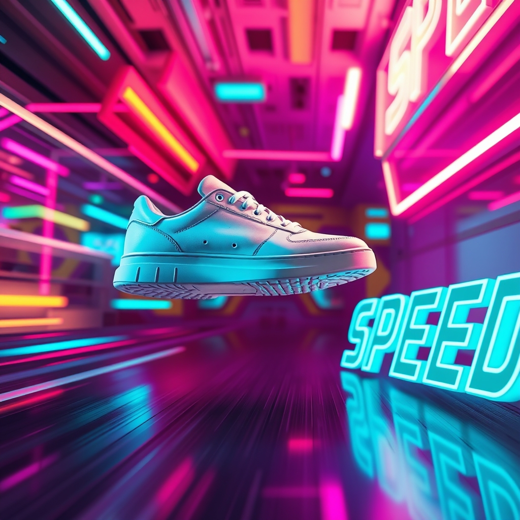 عکاسی تبلیغاتی از یک کفش ورزشی سفید که در هوا معلق است، پسزمینه رنگی پویا، کلمه "SPEED" با فونت اسپرت در کنار آن نوشته شده.1