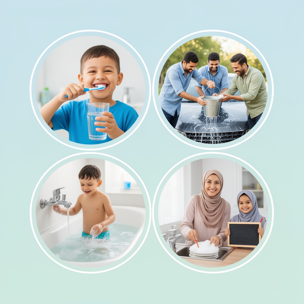 میخوام پوستر باشه که انواع مختلف صرفه جویی در مصرف آب باشه)چهر دایره باشه اولین دایره عکس یه پسر بچه که داره مسواک میزنه و در لیوان آب ریخته و شیر را بسته و خوشحال است دومین دایره عکس سه مرد که داره ماشین خود را میشوره و آب را داخل سطل ریخته و خوشحال است عکس یه پسر بچه است که دارد حمام میکند دیگری دایره عکس یه مادر باحجاب که داره ظرف های خانه را میشویه و سینک را پر آب و کف کرده و بالای تصویر سمت راسته یه دختر بچه با حجاب باشه که در دست او تخته شاسی و مداد است و خوشحال است و دادرد در آن چیزی مینو4