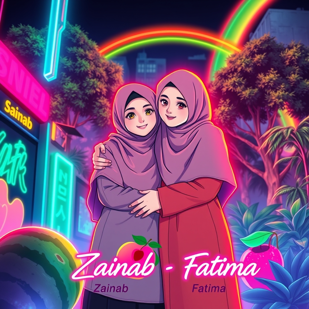 🧕🏻🥰🙂🏩🍉🍑🌳🌲🌱🌈 دو دختر با حجاب کنار هم وهمدیگر با بغل کرده اند و یکی از دختر ها قدش کمی کوتاه تر است و زیر دختر قد کوتاه نوشته زینب و زیر اون یکی دختر نوشته فاطمه1