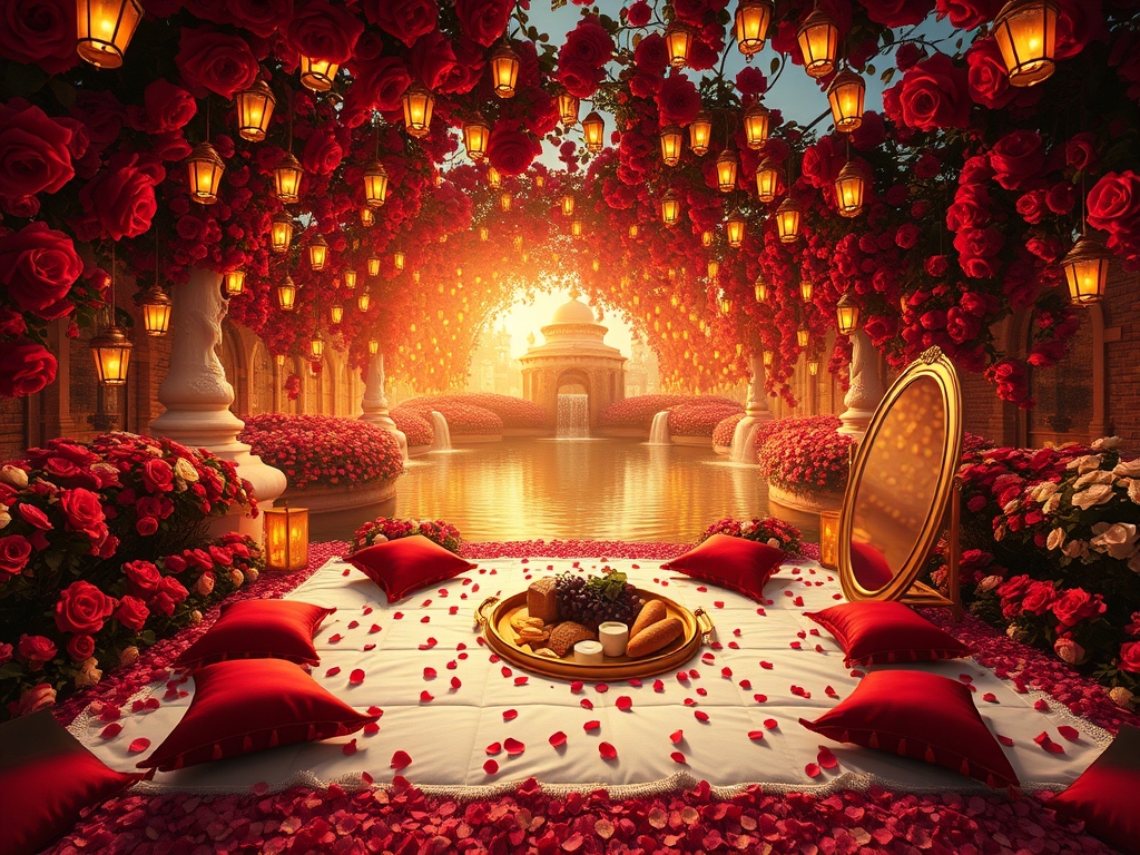 باغ بزرگ و افسانه ای پر گل سرخ لی لی یم زرد و سفید و اطلسی و شب بو
دورادور آبشارها روان به داخل برکه می ریزند وسط برکه زیر تونل افراشته از گل سرخ  و تونل روشن از هزاران شمع 
یک تشک گرم و نرم سفید با کوسن های قرمز پر شده با گلبرگ های سرخ دیده می شود
و سینی گرد و طلایی پر نان کره خامه عسل میوه و شیر و شیر برنج خوشه انگور سرخ سیاه زرد نزدیک تشک ست و
یک آینه تمام قد بلند از طلا کمی دورتر ایستاده17