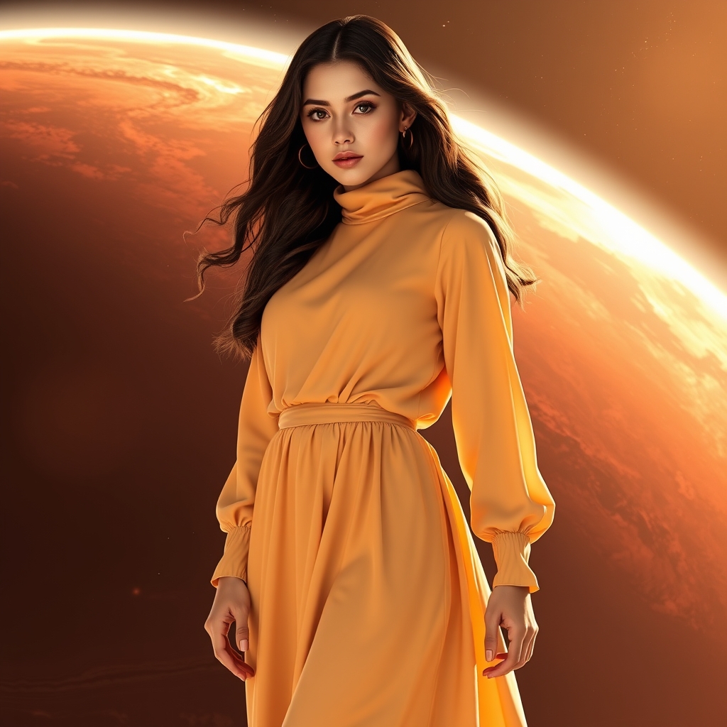 یه دختر زیبا با موهای بلند فرفری(قهوهای سوخته) که با یک لباس خاص در روبه رو سیاره زهره ایستاده در فضا (لباسش نماد سیاره زهره رو منتقل کنه یعنی گرما و درخشش و عکس مناسب پروفایل باشه و بهتره که عکس قدی باشه با زاویهای که از روبه رو نباشه و نشون دهنده قدرت دختر باشه)2