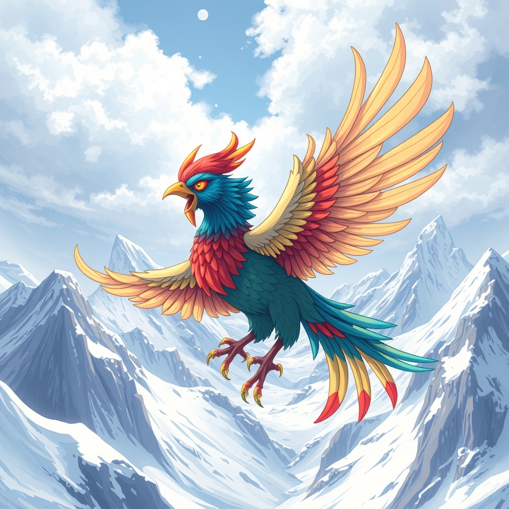 یک پرنده سیمرغ افسانه‌ای ایرانی با رنگ‌های زنده، در حال پرواز بر فراز کوه‌های برفی.9
