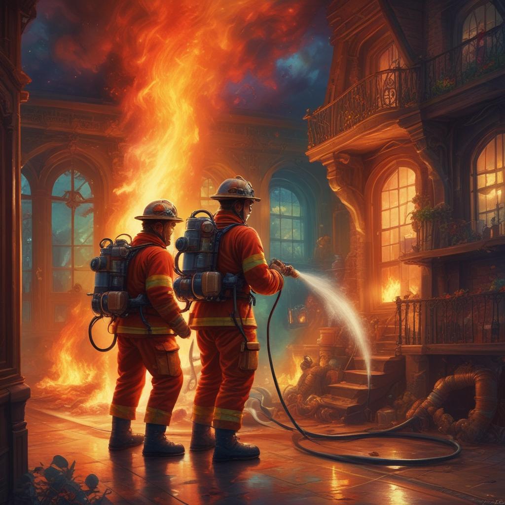 آتش و آتش نشانها در حال خاموش کردن آتش در خانه5