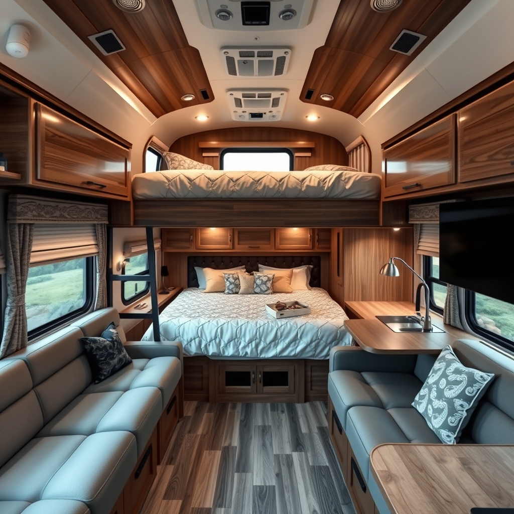 یک کمپر لوکس و دو طبقه که داخلش تخت خواب و مبل و آشپزخانه داره  19