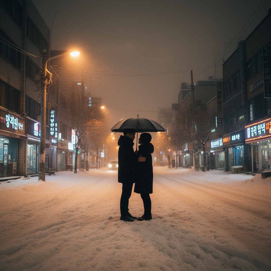 یک شب برفی در سئول دو تا عاشق در زیر یک چتر در خیابان هستند زمین سفید است و آسمان ابریست و فقط چراغ های خیابان روشن است
5