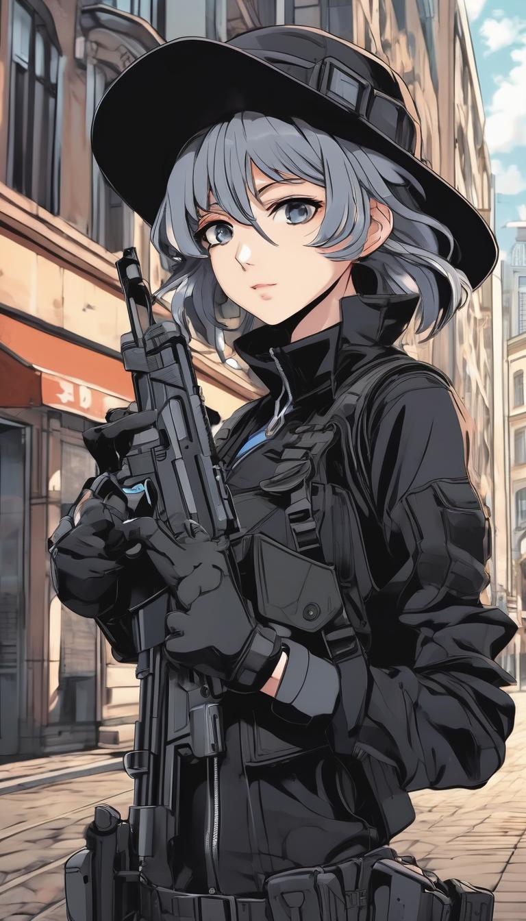 یک دختر زیبا با استایل مشکی و تفنگ به دست داخل شهر12