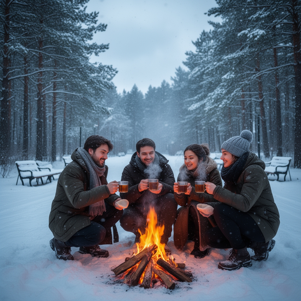 یک روز سرد برفی در پارک جنگلی وخوردن چای آتشی با دوستان0