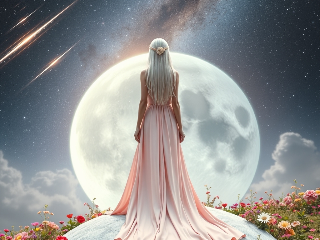 عکس یه دختر که لباس بلند صورتی پوشیده و شکوفه های سفید روی اونه دختر ۱۹ سالشه و موهاش بازه و رنگ موهاش سفیده ، لباسش دنباله داره و اون دختر روی کره سفید ماه که کامله و بسیار بزرگه ایستاده و یه تل پارچه ای که یه گل داره به سرش زده دختر حالت انیمه ای هست و از زاویه پشت معلومه ، بالای کره ی ماه اسمون کهکشانیه و شهاب سنگ هایی دیده میشه، و همچنین ستاره های زیبایی وجود داره دختر ایستاده و و از کمی دور مشخصه موهاش تا کمرشه و دختری قد بلند و لاغره روی کره ما گل و گیاهای رنگارنگی روییده.6