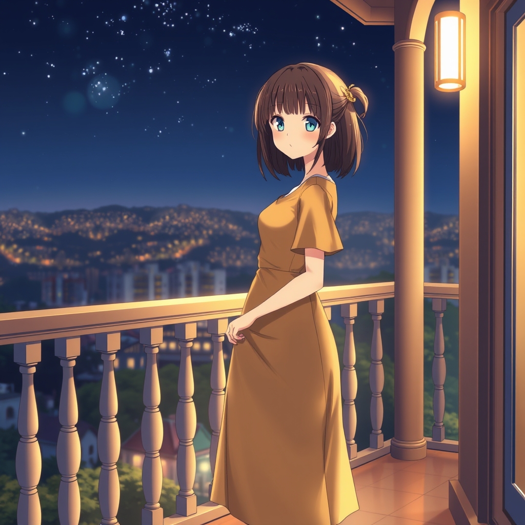 دختری در لب تراس در زیر آسمان شب روبروی شهر با لباس عروس طلایی5