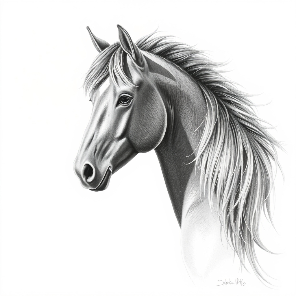 یک اسب زیبای جوان از نژاد ترکمن ، یال و دم بلند و زیبا ، تصویر به صورت طراحی با مداد کنته باشه و سایه روشن ها و برجستگی ها رو به درستی نشان بده ، نمای باز و اسب از پهلو دیده شود 1