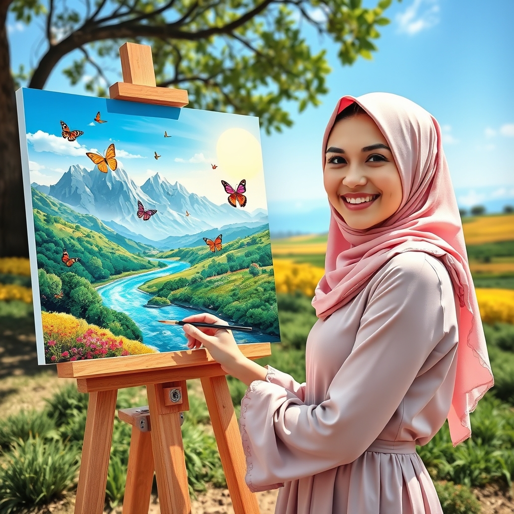 یک دختر ی که در حال نقاشی زیبای رود و پروانه و کوه دشت خورشید است5