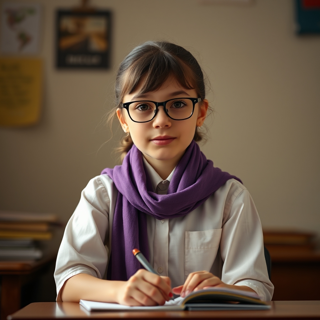 عکس یه دختر محجبه که روسری بنفش یاسی پوشیده و عینک زده و روی میز تحریر ش نشسته
5