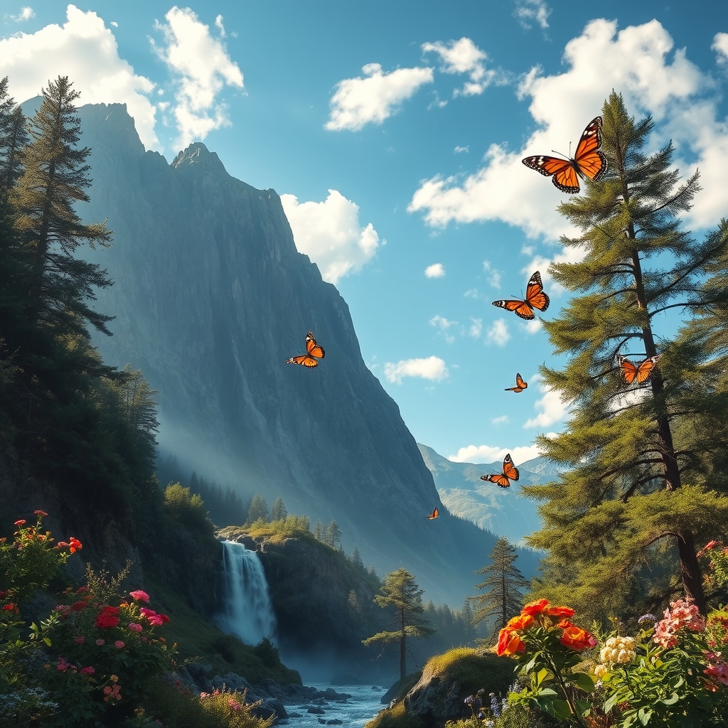 عکس یک کوهستان با چند گل و درخت که آبشاری از آن جاری است وچند تکه ابر سفید در آسمان آبی رنگ آن کوهستان است وچند پروانه در آن کوهستان پرواز می کنند 23