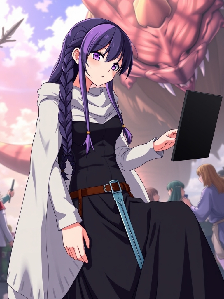 دختری با موهای نصف بنفش و نصف سیاه که دو طرف بافته شده برای شانش ریخته شده با یک شنل پشمی سفید و یک لباس جذب سیاه ا چشمهای بنفش اکلیلی که در بازیهای آنلاین در حال بازی است و یک شمشیر به کمر دارد و همراه دوستان خود در یکی از طبقاتی از انیمه هنر شمشیرزنی آنلاین هنگام جنگ با غول است.20