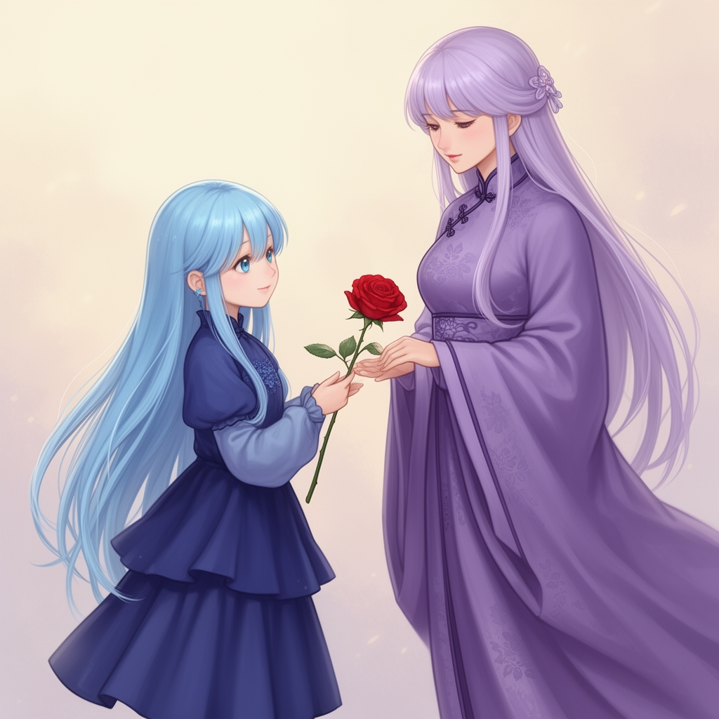 یک دختر بچه به موی بلند آبی آسمانی لباس و دامن نیلی زیبا که گل رز قرمز در دست دارد و داره به مادرش می دهد مادرش هم با موی بلند بنفش کمرنگ و پیرهن دامدار بنفش پرنگ چینی0