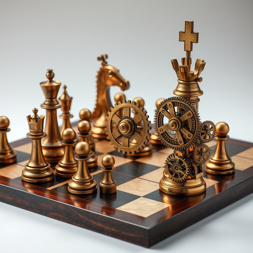 یک صفحه شطرنج به سبک استیم‌پانک با مهره‌هایی به شکل چرخ‌دنده‌ها.16