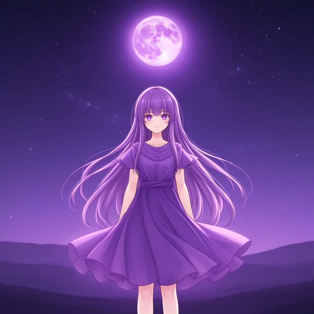 دختر انیمه ای ما مو و لباس و چشم بنفش در یک شب که ماه آن بنفش است0