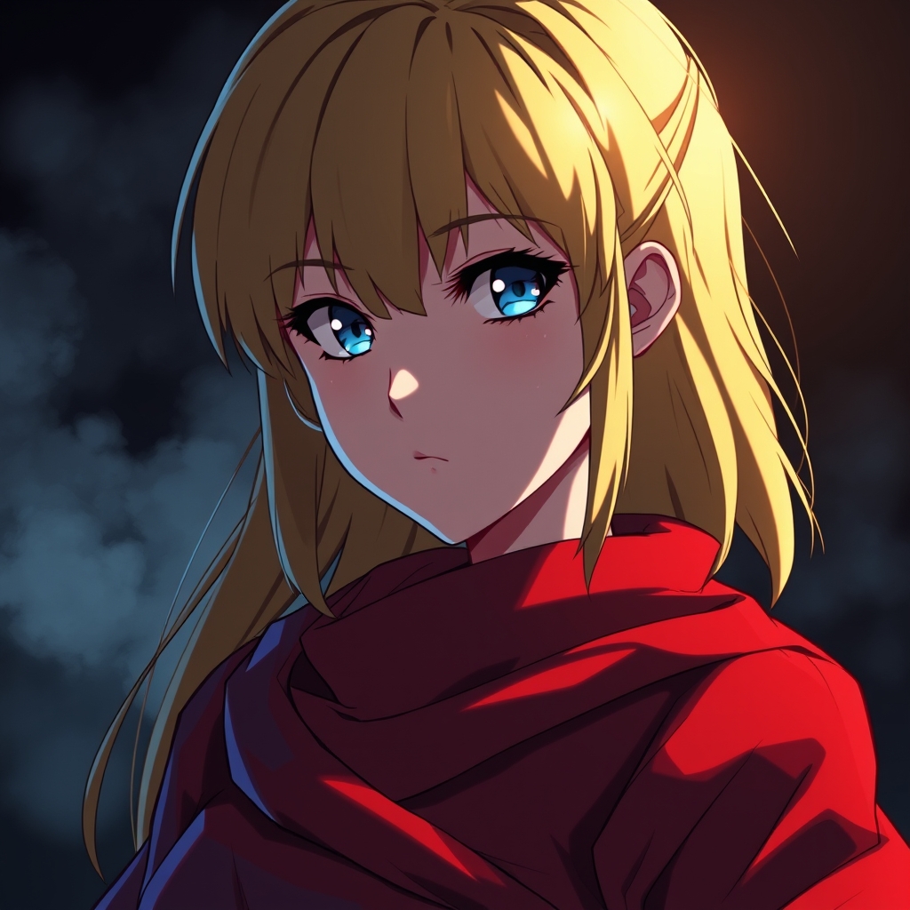 The image is a portrait of a woman with blonde hair, wearing a red garment. The background is dark, and the overall lighting creates a dramatic and intense atmosphere.7