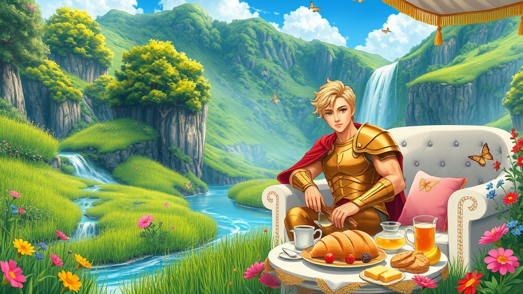 دره ای هولناک ولی رویای و سرسبز . همه جا به خوبی چمن های بلند پوشیده شده و در پایین دره رودخانه ای زلال جاریست. گل های زرد، صورتی، آبی، بنفش و قرمز همه جا دیده میشوند درختانی عظیم از پایین دره روییده اند و به آن جا جلوه ی خاصی داده اند آبشاری از بالا به پایین دره می ریزد و پروانه ها در نزدیکی گل ها بال می زنند آسمان آبی است و ابرهای زیادی در آن دیده میشود
کنار آبشاری بلند و خروشان  جنگجوی جوان زیباروی تاتاری با نگاهی مغرورانه قد بلند عضلانی زره طلا بر تن دارد چشم سبز موهای طلایی مجعد و ردای سرخ بر شانه های ستبرش بازوهای پر حجم عضلانی بر کاناپه بزرگ سفید با توسن های صورتی زیر سایه بان توری زربفت نشسته جلویش میز مجلل صبحانه پر نان خامه مربا عسل شیر شیر برنج کره میوه کلوچه باسلوق آجیل مغزها مثل گردو فندق بادام شیرینی نان خامه ای با تزیین گل ها و شکوفه ها  




5
