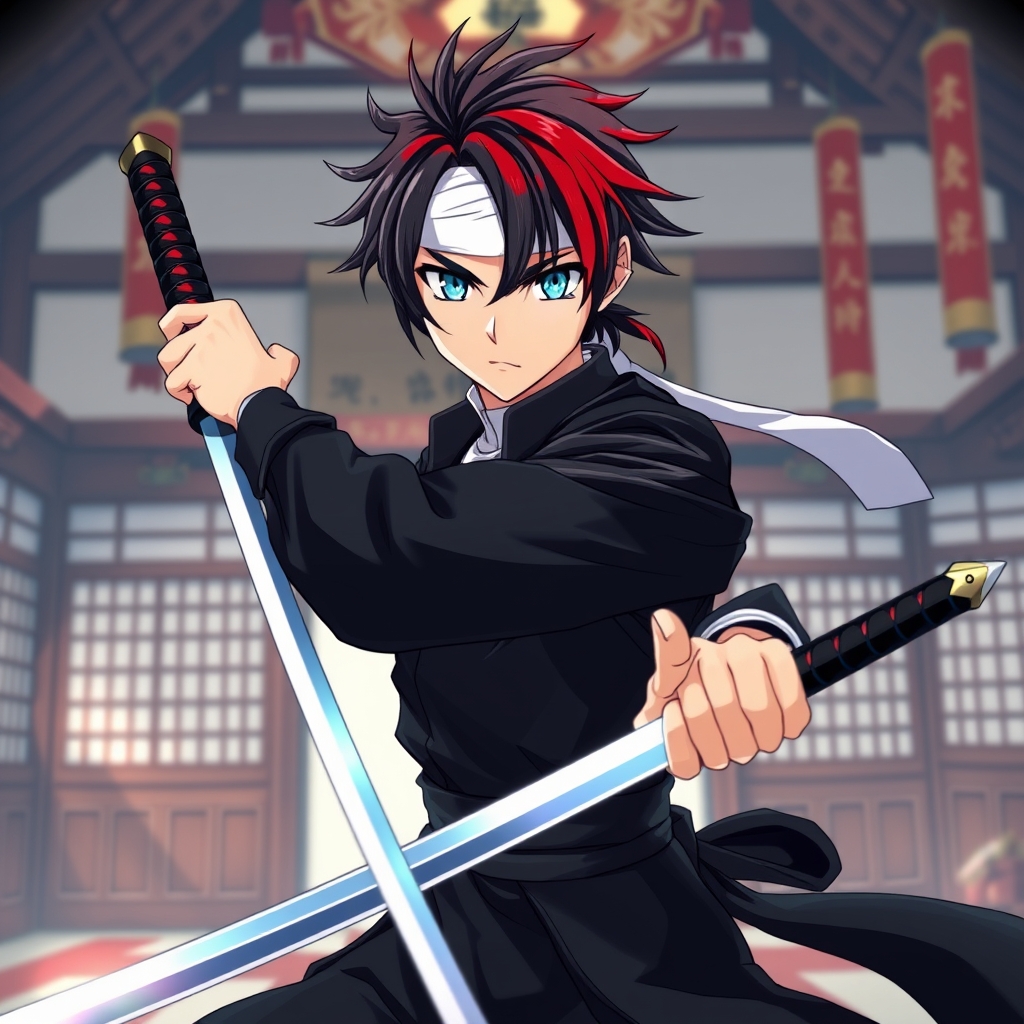 عکی یک پسر با موهای دورنگ مشکی قرمز و چشمان آبی اقیانوسی درخشان که یک لباس یک دست مشکی بر تن دارد و یک پیش بند سفید  بر روی پیشونی داردو در دستش یک شمشیر است و درحال شمشیر بازی است و در یک مکان مناسب شمشیر بازی است اما خیلی  خیلی  شیک باشد0