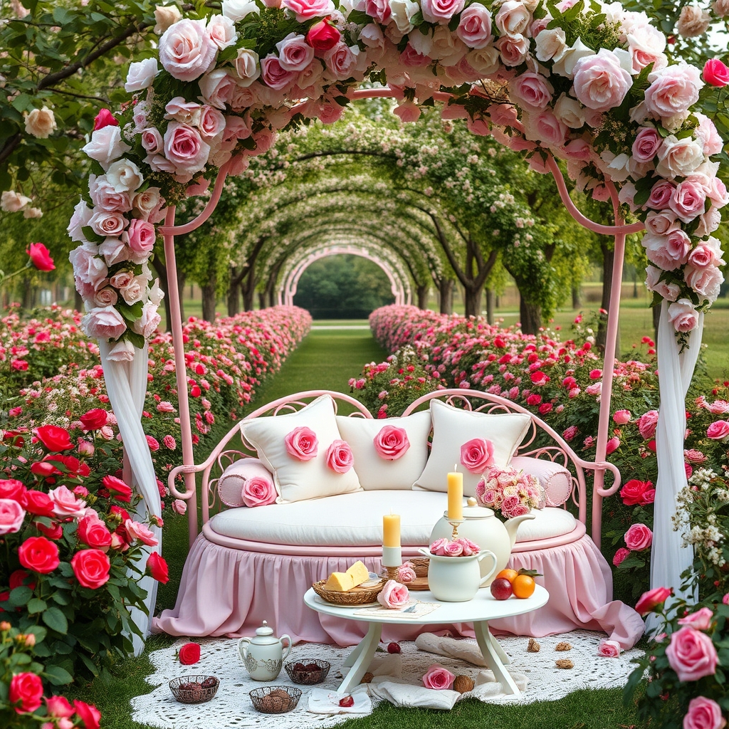 در صبح بهاری بارانی باغ گل رز صورتی در احاطه درختان پر شکوفه زیر تونل بلند از گل های رز صورتی و سرخ یک خیمه توری گل بهی سفید و صورتی با تخت گرد صورتی با کوسن های سفید پر از گل های رز صورتی
و میز کوچک سفید با تزیین شمع و رز صورتی نان کره خامه عسل میوه انار انگور سیب شیر شیر برنج گردو خرما
13