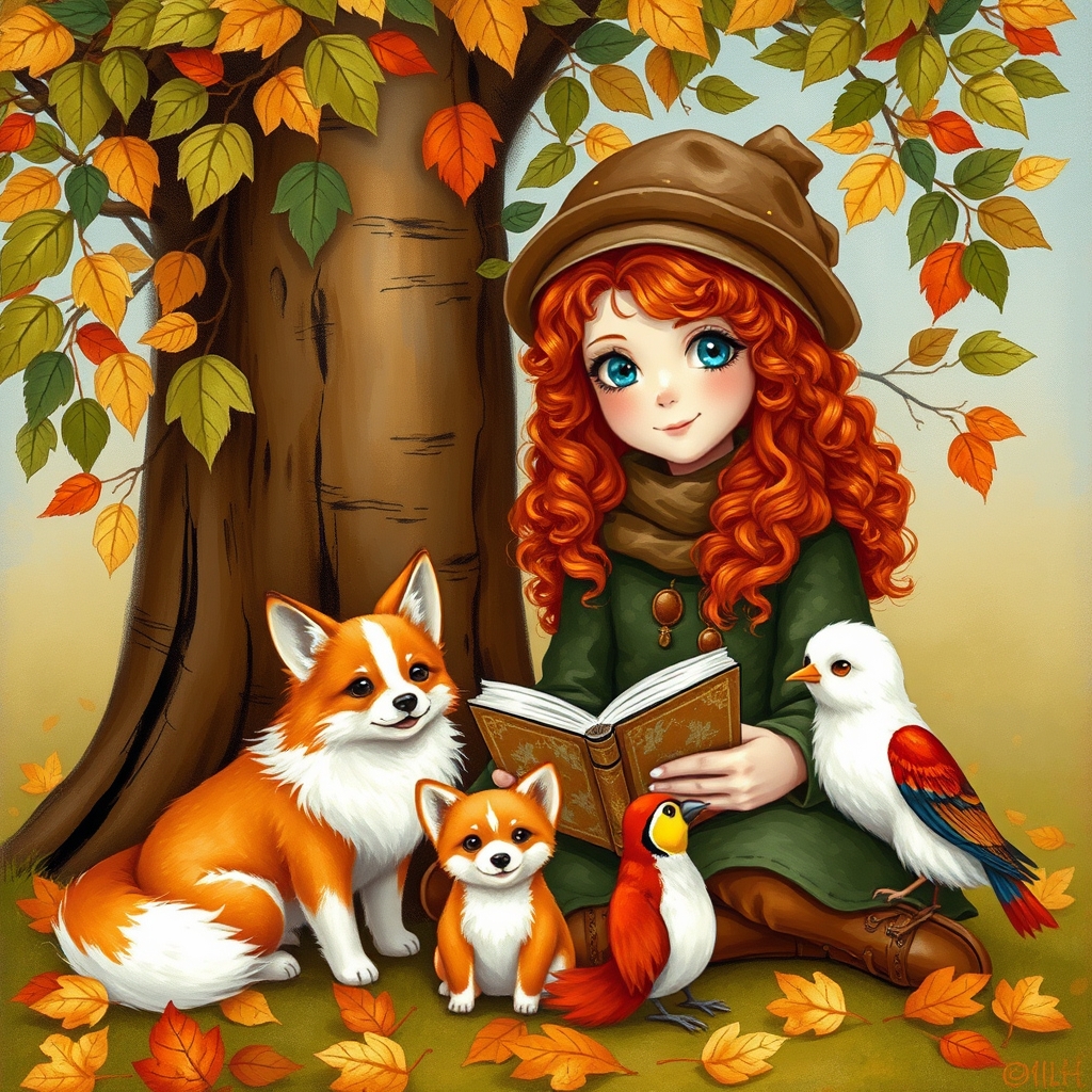 یه دختر ۱۵ ساله ی خیلی خوشگل و جذاب و زیبا با چشم های آبی و موهای بلند فرفری سرخ رنگ با لباس پاییزی و کلاه پاییزی که کنارش یه پاپیون داره 👒👢🧣با طیف رنگی سبز زیتونی و کرم در کنار یک درخت پاییزی 🍂🍁🍁🍂و برگ های روی زمین نشسته اند و برای دوستاش که یک 🦊روباه خوشگل و کیوت و یک سگ 🐕کوچولوی نژاد شیتزو_اشپیتز سفید تپلی کیوت و نازنازی و یک پرنده🐦 کوچولوی رنگارنگ بامزه با مهربونی و لبخند کتاب میخونه ، تصویر کیوت و رویایی و فانتزی باشه 12