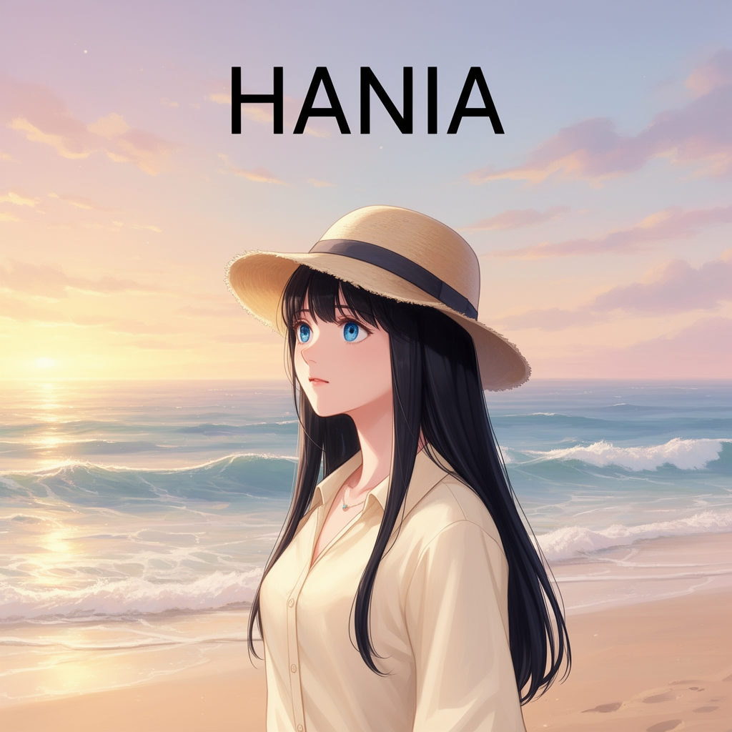 عکس دختری با موهای سیاه و بلند و چشم های آبی درخشان که پیراهن کرمی  و یک کلاه ساحلی روی سرشه و در حال نگاه کردن دریا است و بالای تصویر نوشته شده HANIA0