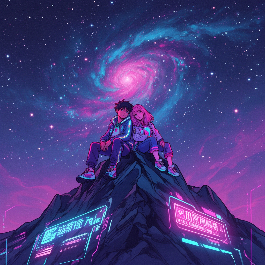 کوهی که روی آن یک دختر و یک پسر نشسته اند  و سر هایشان را به هم تکیه داده اند  میان آسمان شبی پر از ستاره .5