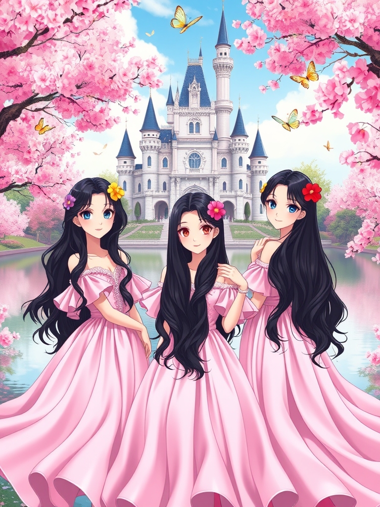 سه قلو ها ، ستین و سوین و سلین سه خواهر سه قلو هستند و شبیه هم هستند و ۱۵ ساله هستند و مانند راپونزل هستند و موهای مشکی بسیار بلند دارند که روی زمین کشیده می شود که موهای آنها با گل های رنگارنگ تزیین شده است و قصری زیبا کنار دریاچه با گل ها و درخت شکوفه صورتی است و سه خواهر لباس ابریشمی به رنگ صورتی و دامن دار و اکلیلی دارند و دامن آنها بر روی زمین پهن شده است و پروانه های رنگارنگ اطراف آنهاست و به دوربین نگاه می کنند12