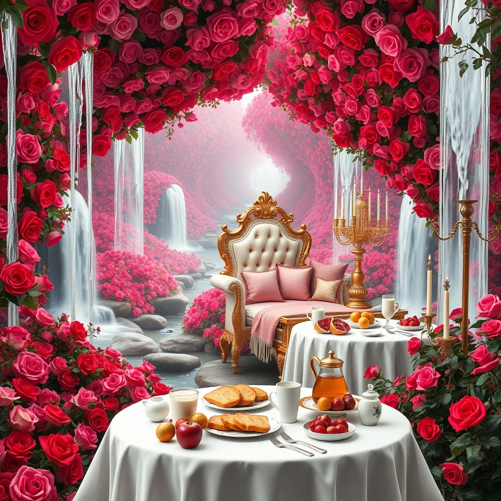 باغ گل رز سرخ و صورتی افسانه ای در و دیوار زمین همه جا سرتاپای باغ با رز سرخ و صورتی پوشیده شده 
آبشاران جاری اند
رودها به هم می ریزند
زیر تونل دراز از گل رز سرخ و صورتی 
یک تخت خواب سفید طلایی سلطنتی با کوسن صورتی و شمعدان های طلا پر شمع 
یک میز سفید و طلایی مجلل صبحانه 
پر نان کره خامه عسل مربا شیر میوه سیب انار انگور10