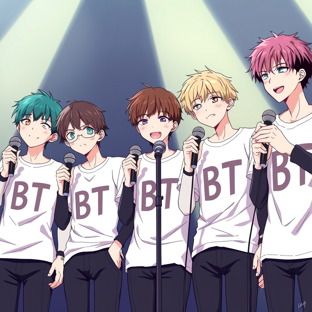 عکس هفت تا پسر که میکروفون در دست دارن و روی لباسشان بی تی اس نوشته شده 
3