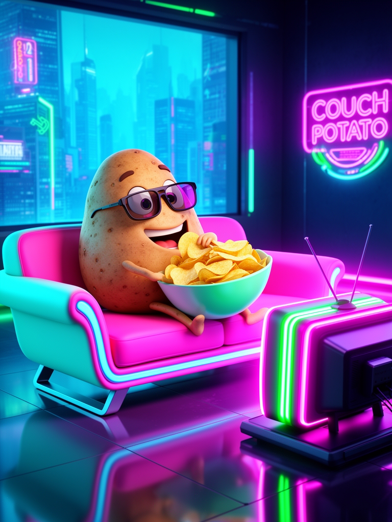 یک سیب‌زمینی که روی مبل نشسته و تلویزیون تماشا می‌کند و چیپس می‌خورد، مفهوم "Couch Potato"، سبک کارتونی سه بعدی.5