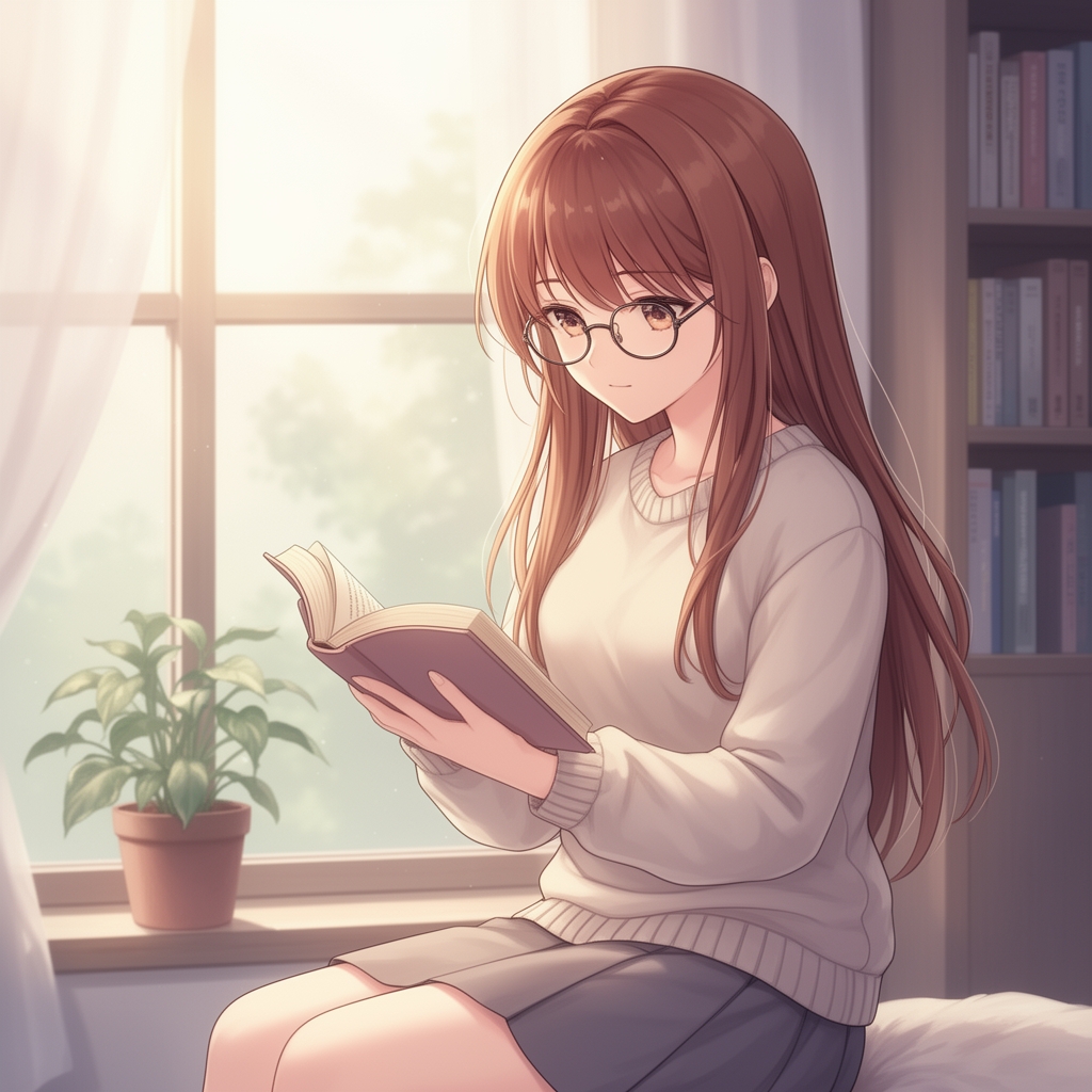 یک دختره انیمه ای که عینک داره و جلوی پنجره نشسته و داره کتاب میخونه
موهاش بلند رنگش عسلی 3