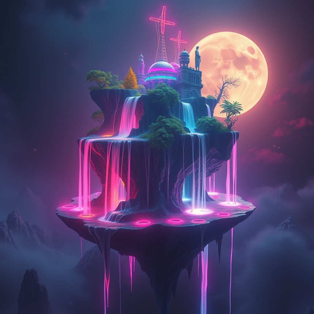 یک جزیره شناور سورئال به شکل دست، با آبشارهایی که از انگشتان جاری میشوند.3