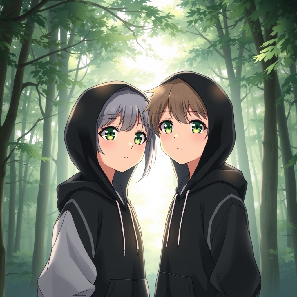 دخترو پسر با هودی سیاهو سفید و چشمان سبز در جنگل12