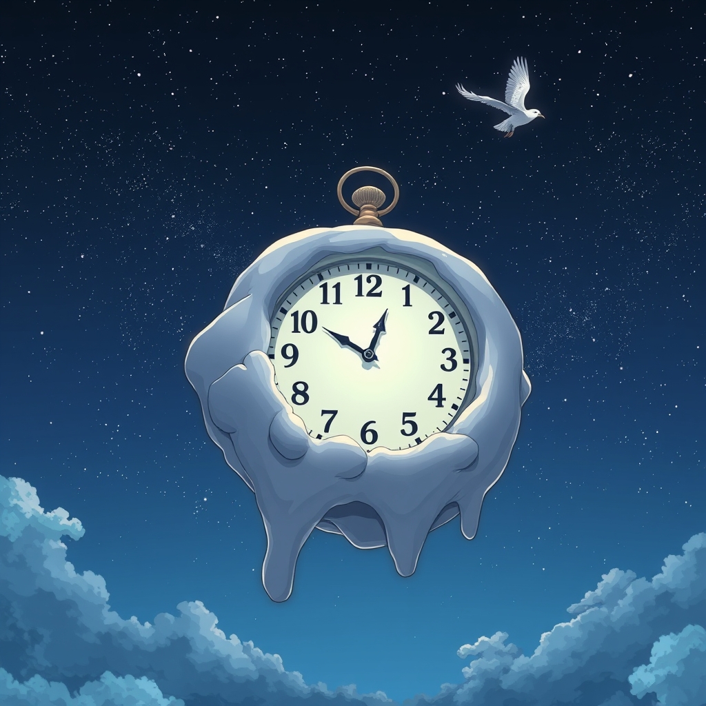 یک ساعت سورئال به شکل ماه ذوب‌شده، شناور در آسمان پرستاره و یک پرنده 11