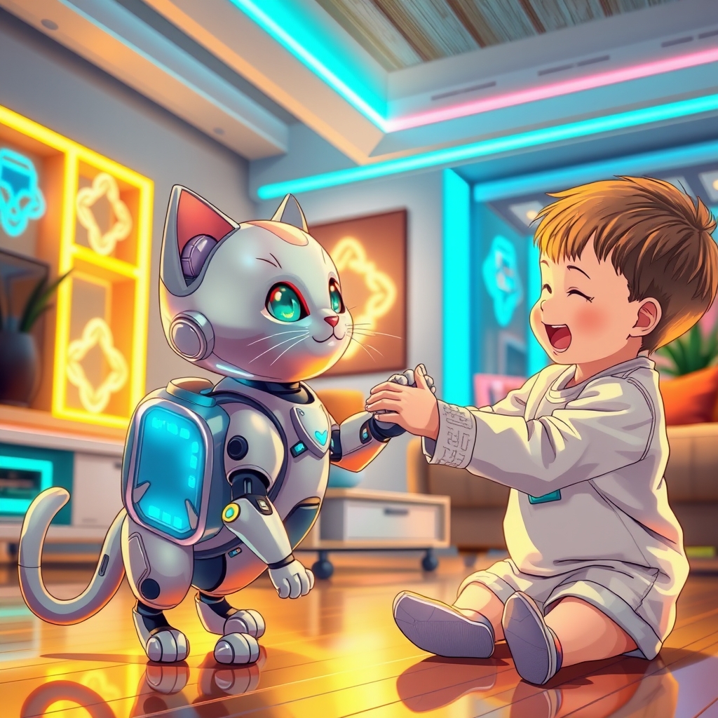 یک گربه ربات بازیگوش با خز فلزی براق، در حال تعامل با یک کودک در یک اتاق نشیمن آیندهنگر. انیمه4