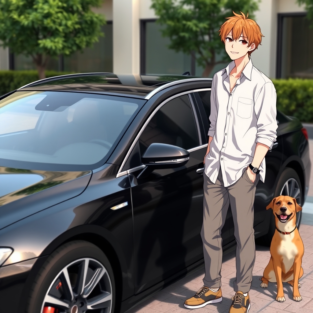 آدم کنار یک ماشین مشکی با آدم خیلی شیک سفید قهوه ای که پسره خندیده و سگه بقلش است 17