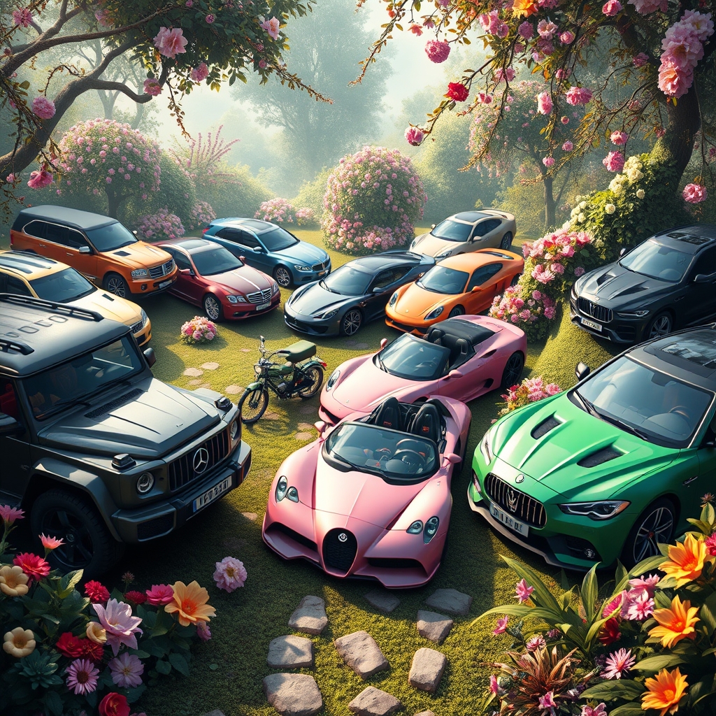 در یک باغ زیبا که انواع ماشین های لندکروز،پورشه،بنز،بینوه،لامبورگینی صورتی،مازاراتی سبز14