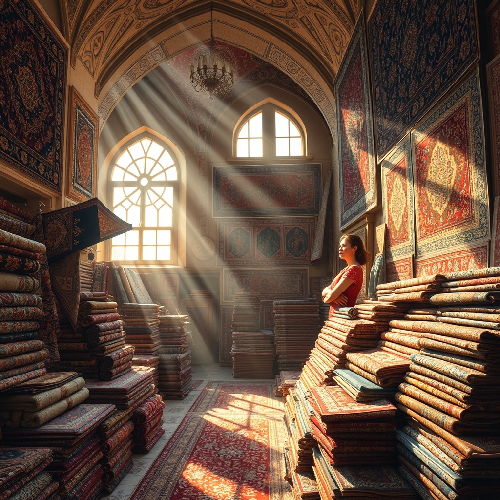 یک فروشگاه قالی ایرانی پر از طرح‌ها و نقش‌های زنده و سنتی.12