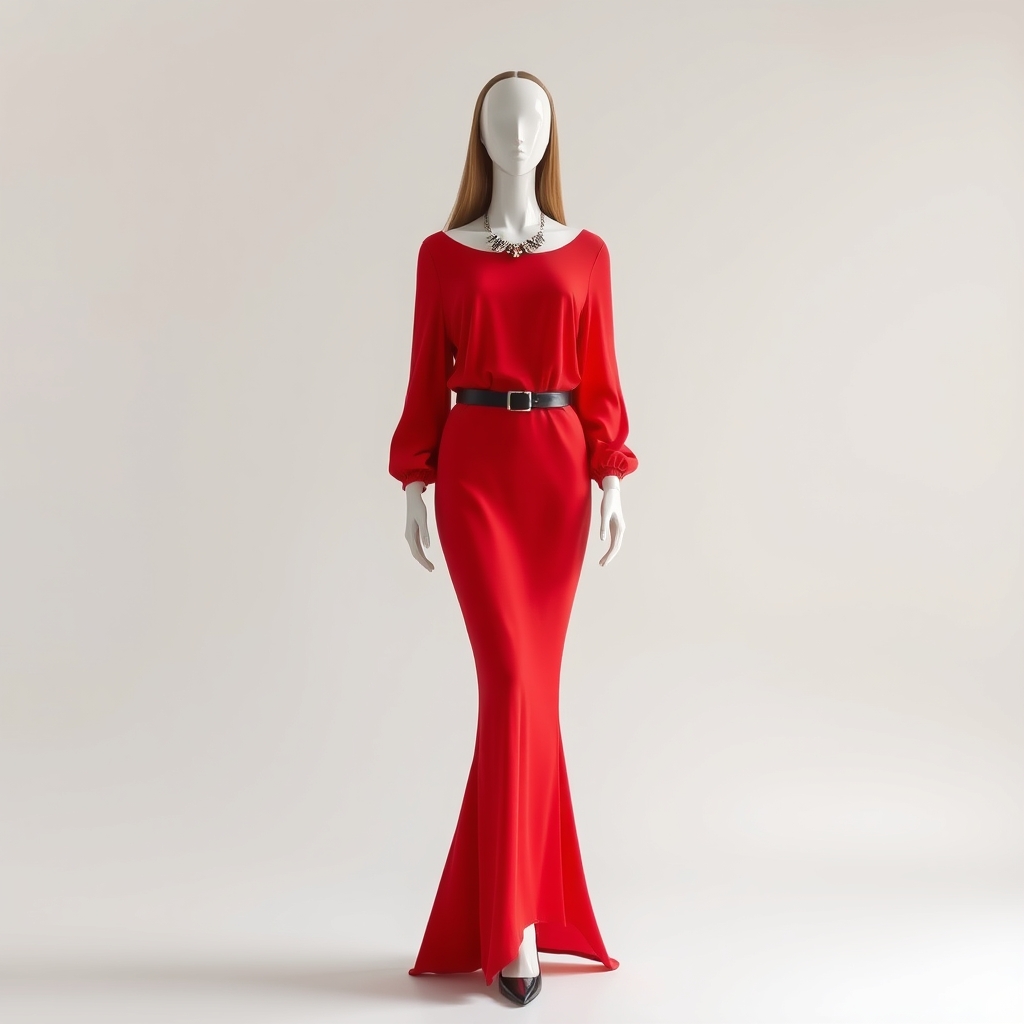عکس یه زن بکش که لباس قرمز  بلند تا مچ پاش و
کمرش جذب باشه یکم،کمربند مشکی براق داشته باشه،آستین هاش هم زیاد تنگ نباشه
زن لاغر باشه،قدی باشه عکس،آستین مدل angel باشه،یقه اش هم به صورت قایقی باز باشه و دور کل یقه جواهر کاری جذاب شده باشه .عکس با کیفیت باشه،کل مدل معلوم باشه و مانکن یه زن جذاب باسه و صاف ایستاده باشه و کفشش مدل ysl باشه و کیفیت عکس خیلی بالا باشه و گردنبند نداسته و جواهر دور یقه چسبیده باشه و پایین لباس گشاد و کلوش باشه ،موهای مانکن باز باشه و تا کمر مدل باشه اندازه موهاش جذاب باش0