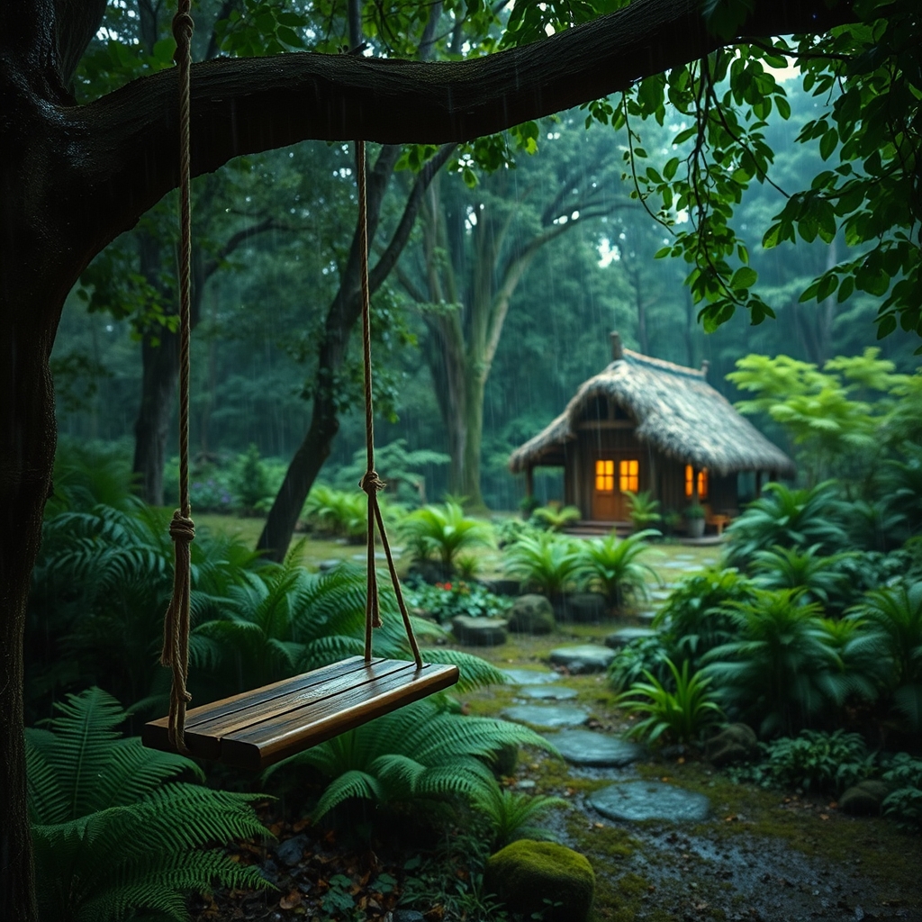 عکس یک جنگل سبز با باران نم نم که یک تاپ از روی درخت آویزان است و یک خانه کلبه ای زیبا در آنجا است4