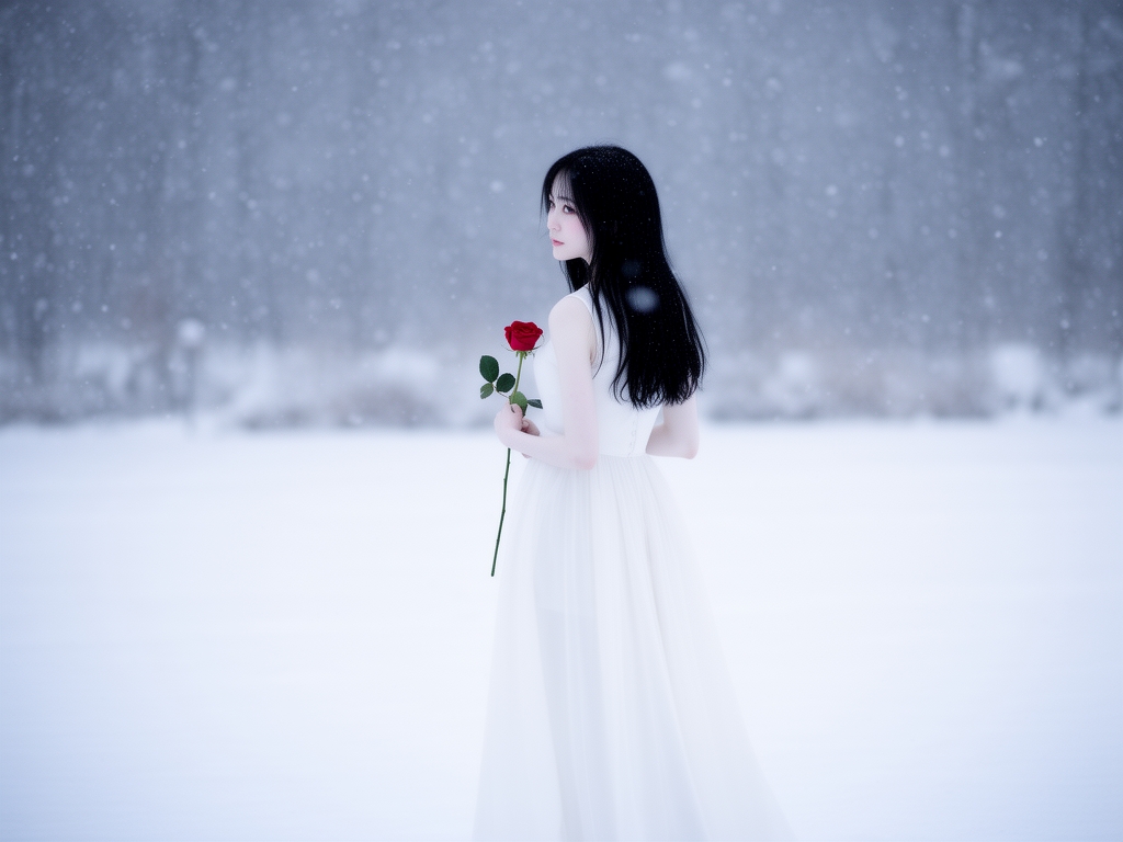 روزی برفی و دختری با موهای مشکی بلند و با پیراهنی سفید به پشتش ایستاده و در دستش گل رز دیده می شو پوست او سفید است 1