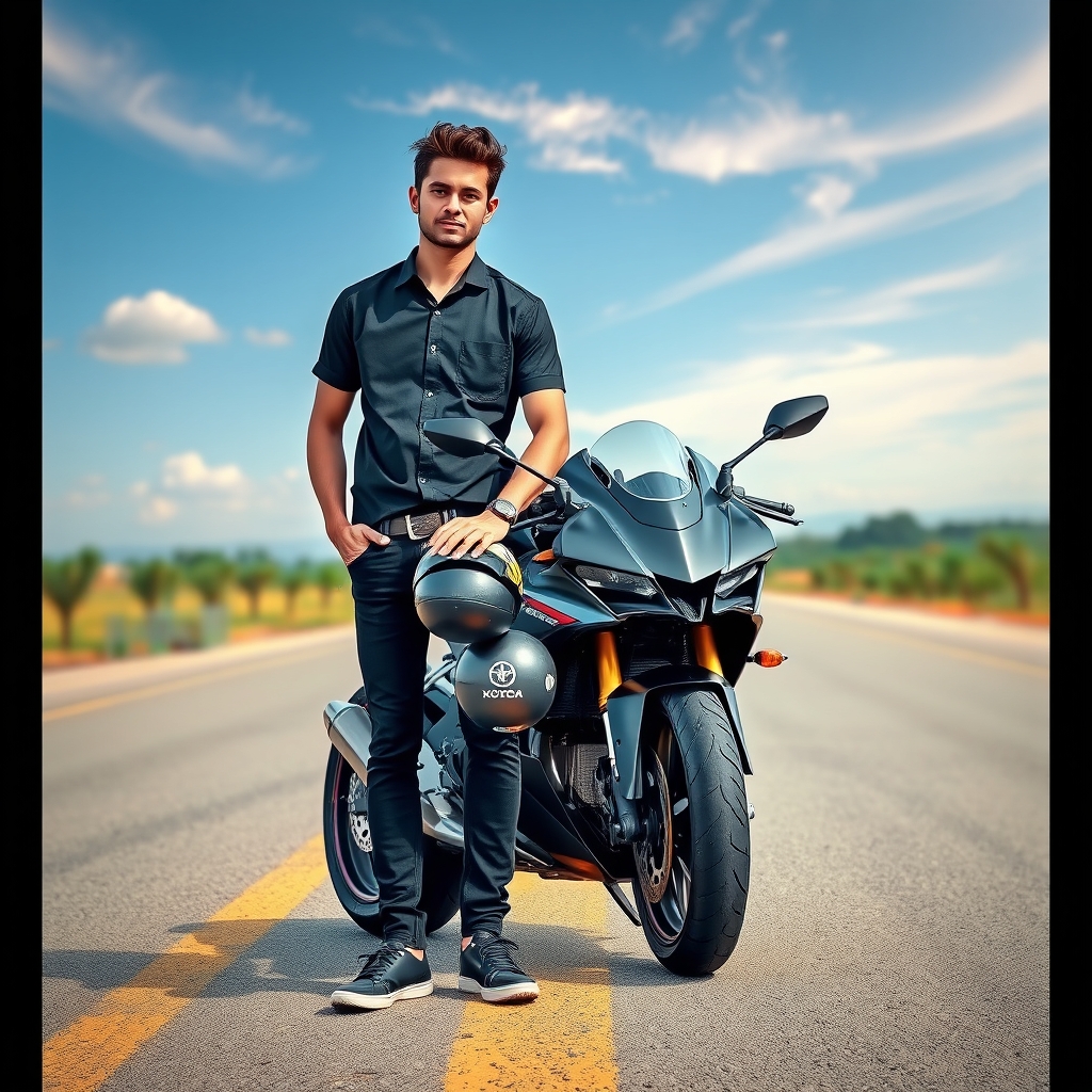 یک پسر موتور سوار جذاب با تیشرت دکمه دار مشکی و کتونی و شلوار مشکی و کلاه ایمنی در دستش کنار موتور مسابقه ای ایستاده  توی جاده5