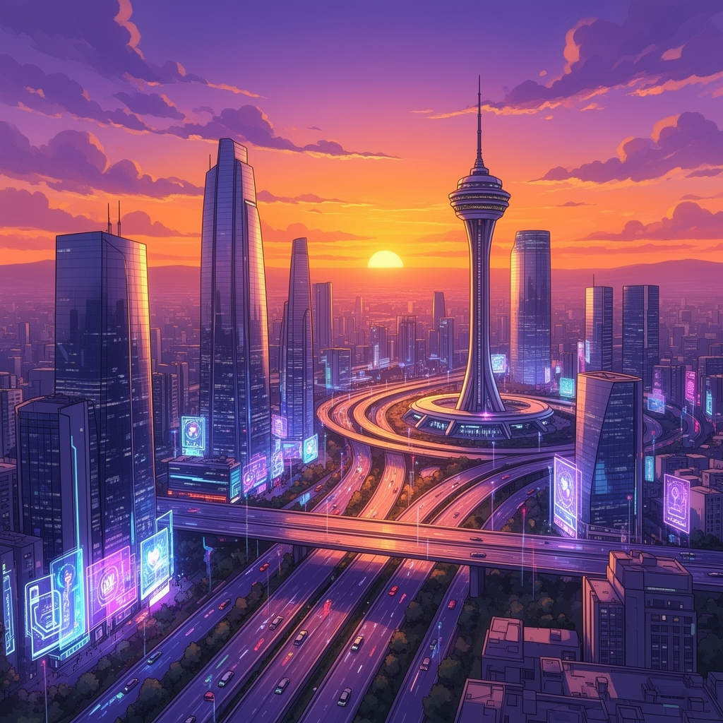 منظره‌ای از شهر تهران در آینده دور، برج میلاد در میان ساختمان‌های شیشه‌ای بلند، اتوبان‌های هوایی، غروب آفتاب نارنجی و بنفش.2