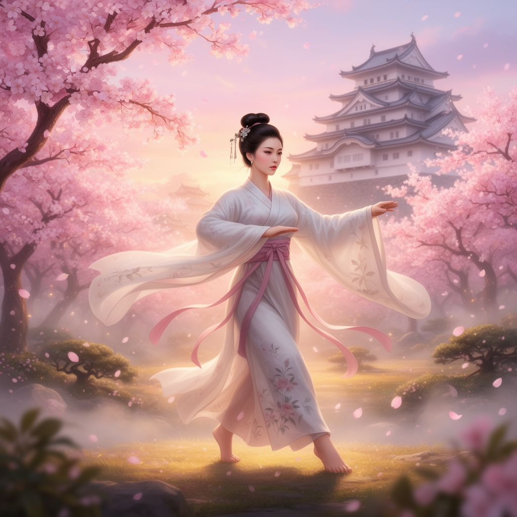 فرشته زیباروی با لباس ژاپنی و مدل موی ژاپنی  با آرایش زیبا در حال تمرین کنفو در باغی مانند بهشت با شکوفه های گیلاس و قصری بزرگ و ژاپنی0