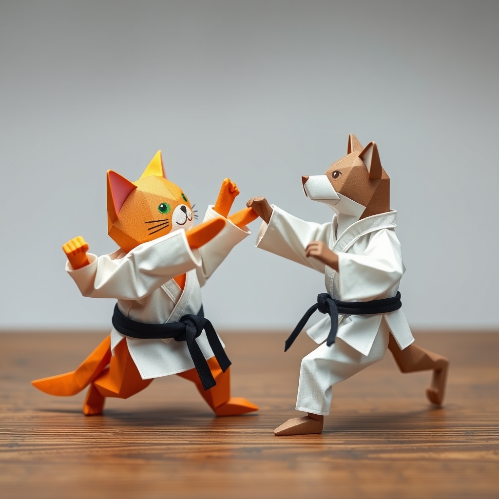 یک گربه کاراته باز با کمربند مشکی که دارد با سگ کارات باز میجنگد 3