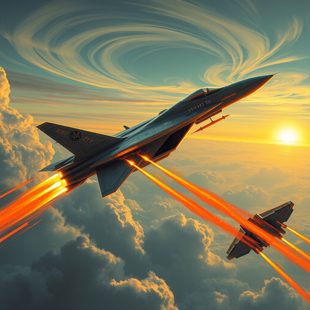 عکس یک هواپیمایی جتی که دز حال پرتاب موشک های نارنجی به سمت یک هواپیما است18